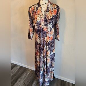 Soft Surroundings Adamaris Navy floral geometric, V-Neck, 3/4 sleeves, Maxi, M